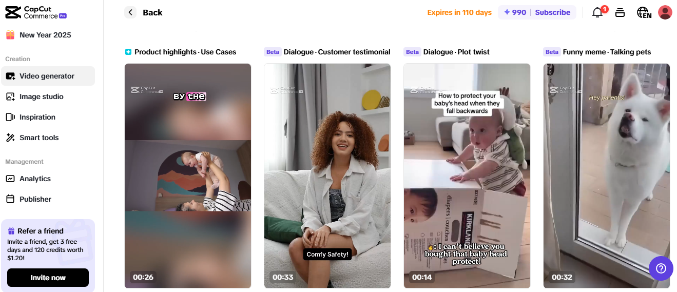 Pippit interface with templates for UGC creators, ideal for TikTok monetization and product engagement.